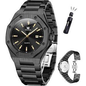 Olevs Men's Black Stainless Steel Man Watch with Date Luminous Stylish Watch